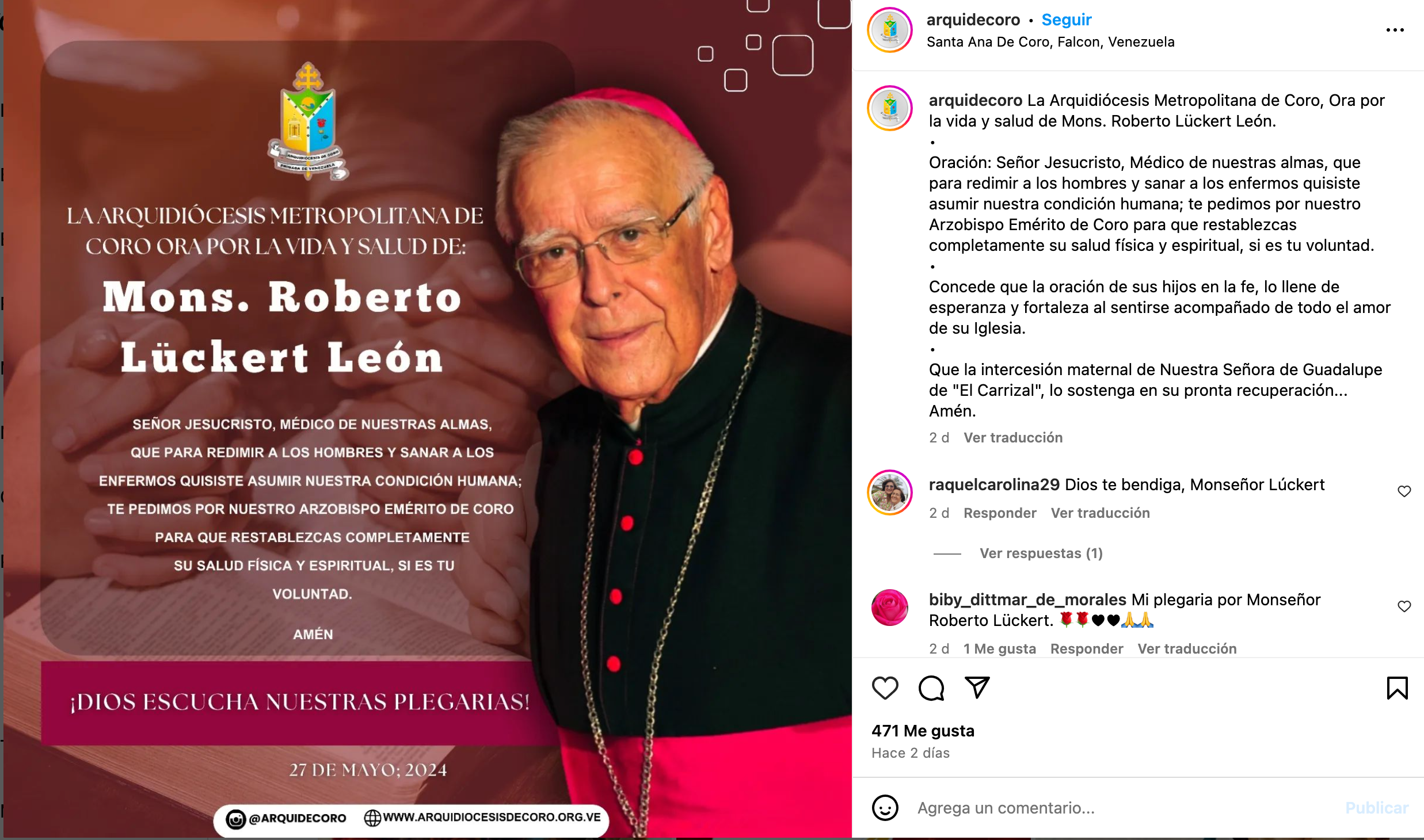 Monseñor Roberto Lückert fue intubado por complicaciones del COVID-19